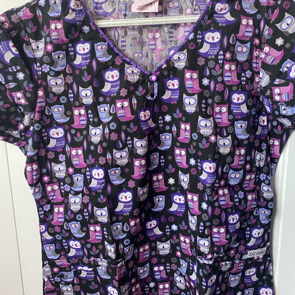 Smart Scrubs Owl Pattern Top in Purple and Pink
